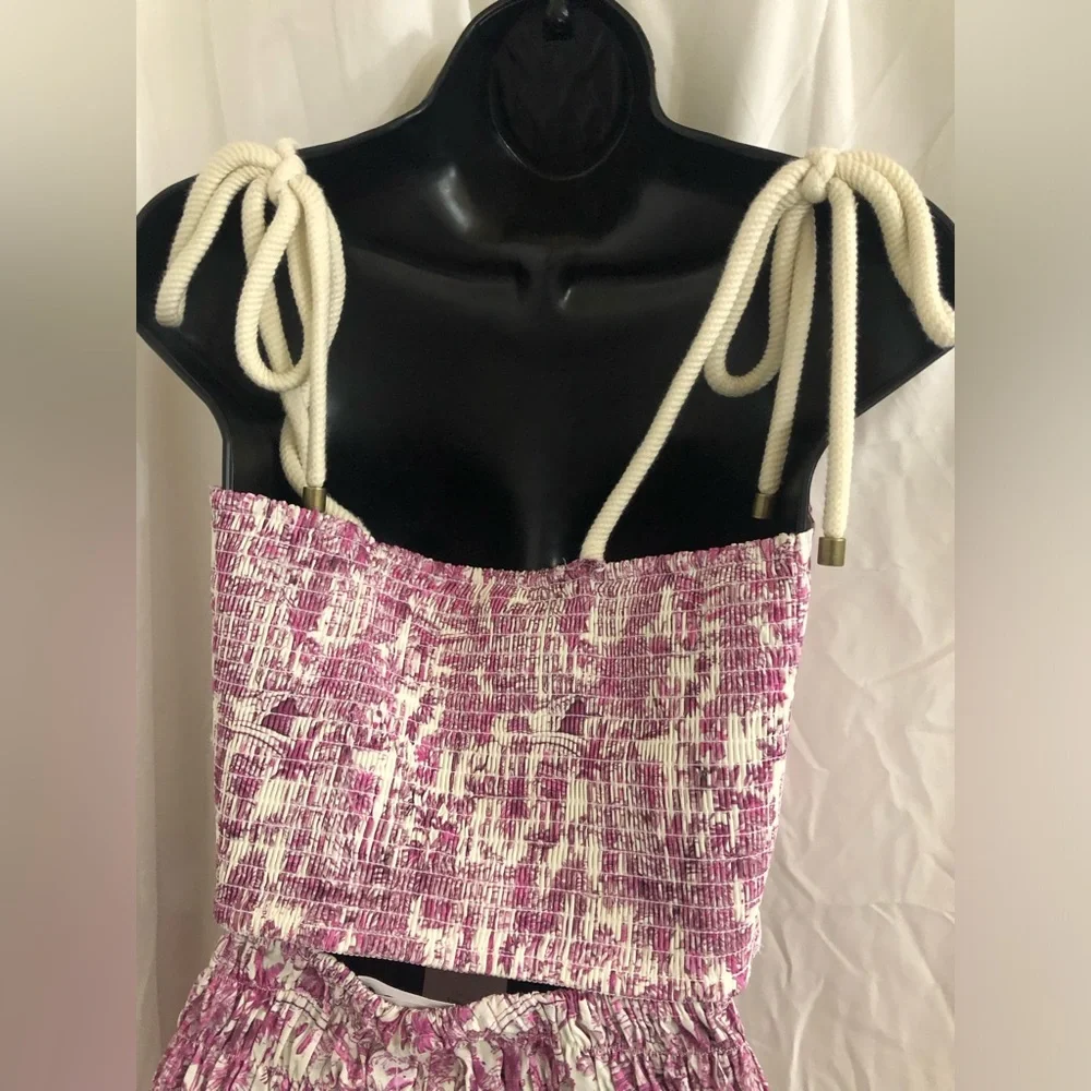 Joie 2pc pink white multi nautical strap crop top & smocked skirt set size Small